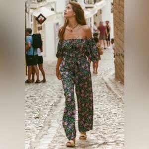 Spell Village Jumpsuit in Black with Pink & Green Floral Print